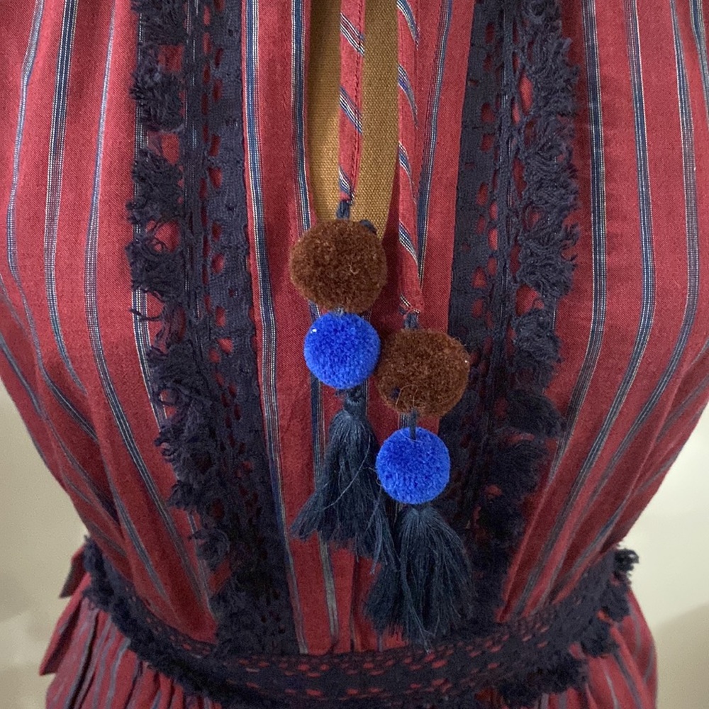 Sea New York boho peasant ruffled pom-Pom tassel tie  lace trim burgundy size 0 - Picture 8 of 12